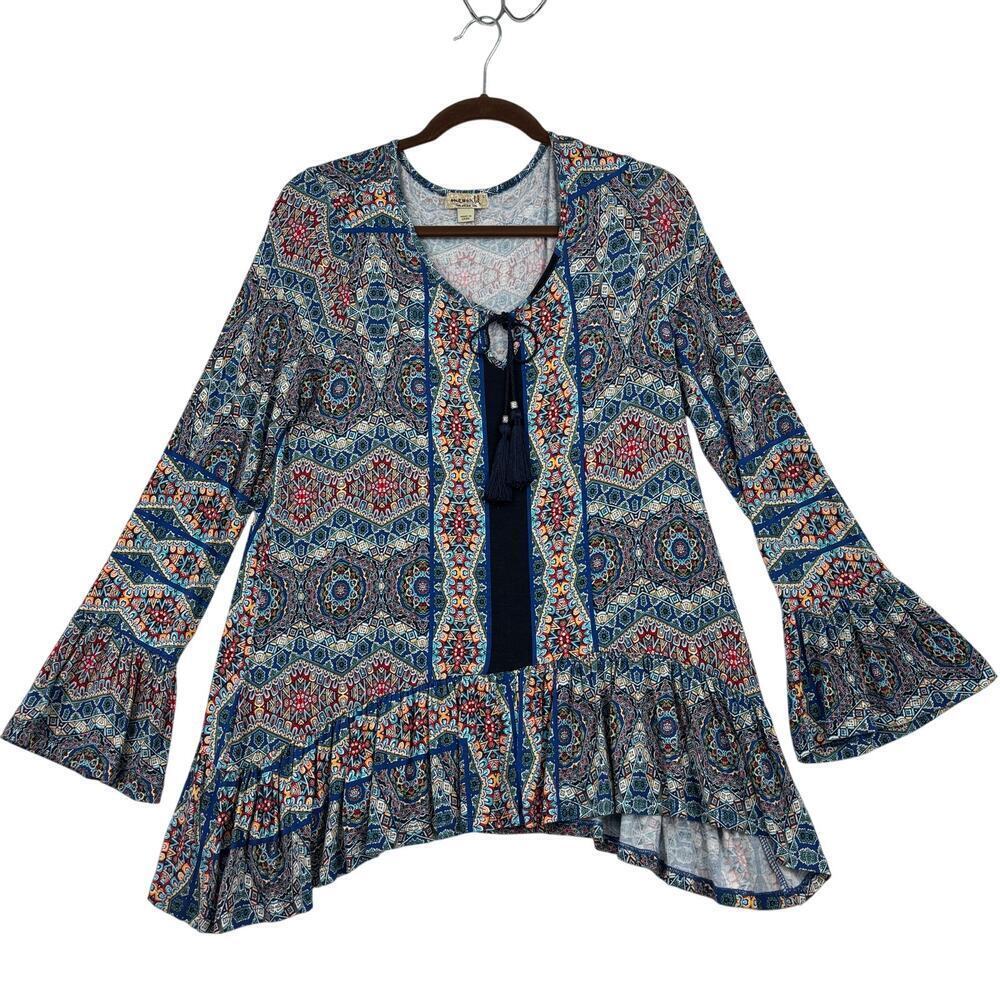 One World Boho Blouse Top Size S Blue Print Tassel Tie Bell Sleeve Ruffle Hem